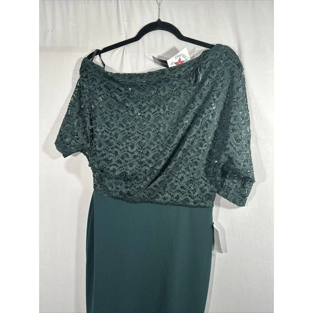 NWT $269 Betsy & Adam [ 8 ] One-Shoulder Sequin Lace Mixed Media Gown Pine Green